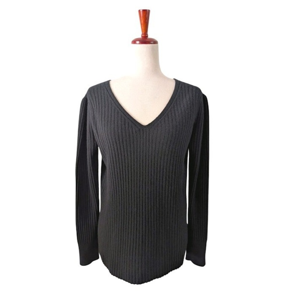 Rebecca Taylor Black Ribbed V Neck Long Sleeve Cashmere Sweater Size L